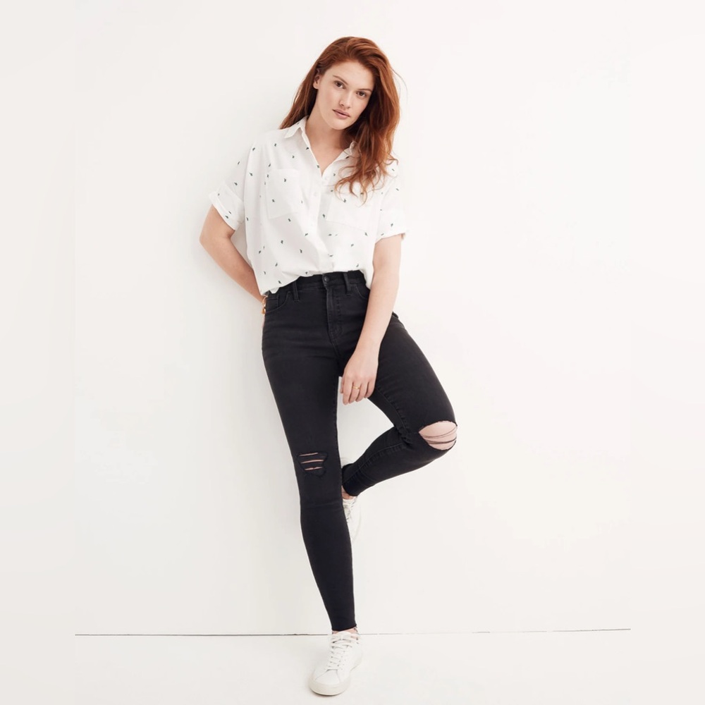 Madewell Tall 9" Mid-Rise Skinny Jeans in Black Sea 27T 27 Gray Distressed Raw